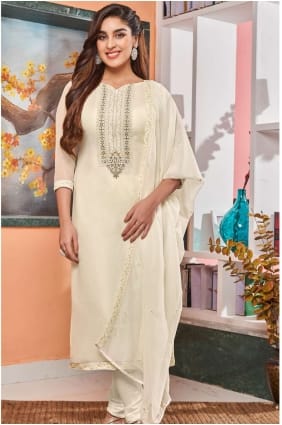 Travaux de broderie design Georgette Salwar Kamezez en blanc avec écharpe Georgette SK14149