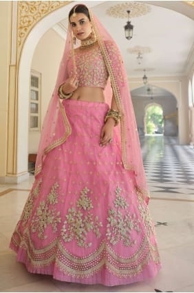 Dori designer lourd, séquence Broderie Travaux Soft Net Mariage Lehenga Choli à bébé rose LC4418
