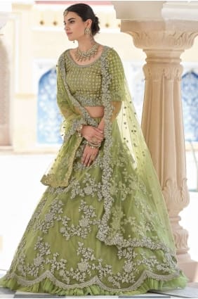 Mariage Lehenga Choli au filet molle d'olive avec designer lourd Dori, travail de broderie de séquence LC4420
