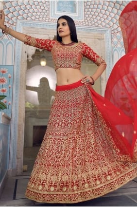Travaux de broderie Jari Jari Georgette Mariage Rouge Lehenga Choli Soft Net Foulard LC4424
