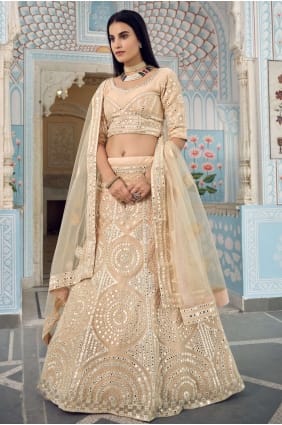Organza Heavy Thread,Mirroe Embroidery,Foil Printed Cream Wedding Lehenga Choli with Soft Net Dupatta LC4425