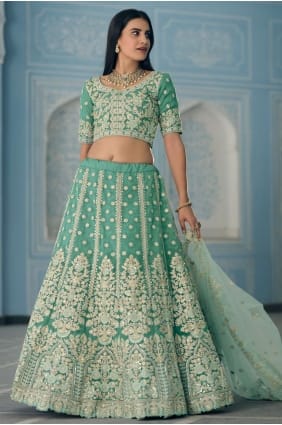 Sourtion forte, Dori, Jari Broderie, Zarkan Travail Organza Mariage Lehenga Choli à Turquiose avec écharpe en filet douce LC4427
