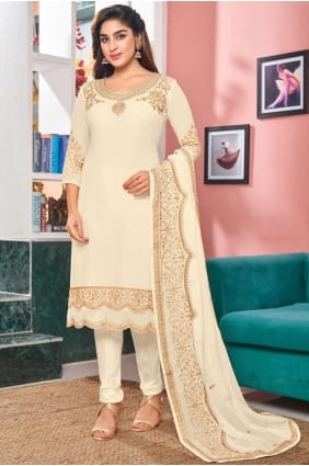 Faux Georgette Blanc Salwar Kamezez dans la broderie de designer lourd, travail de pierre SK14207