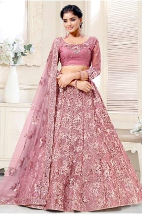 Mariage Net Lehenga Choli Choli en rose avec double séquence, fil de broderie de fil LC4467