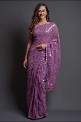 sari en georgette brodé violet avec chemisier SR20467