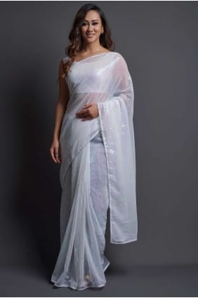 sari en georgette brodé en blanc SR20471
