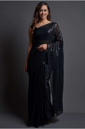 sari en georgette brodé en noir SR20491