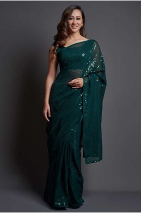 sari vert en georgette brodée SR20493