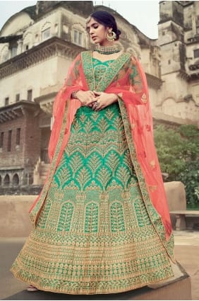 mariage vert lehenga choli avec satin brodé LC4610