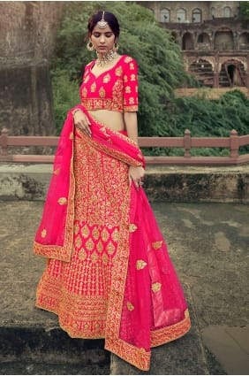 satin brodé rose mariage lehenga choli LC4611