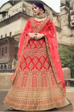 mariage en satin brodé lehenga choli en rouge avec dupatta LC4615