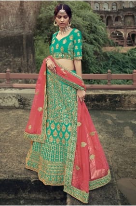 mariage lehenga choli brodé en satin vert LC4618
