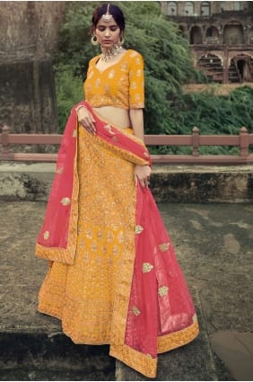 choli de mariage en satin lehenga en jaune avec brodé LC4620