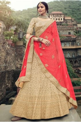 choli de mariage lehenga brodé beige en satin LC4624