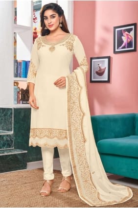 faux georgette brodé blanc cassé eid salwar kameez avec dupatta SK14346