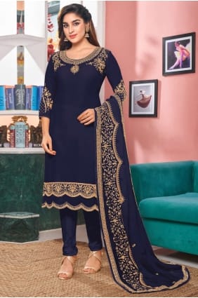 eid salwar kameez brodé en fausse georgette bleue SK14351