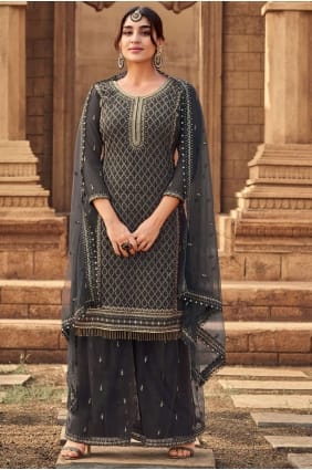 costume eid sharara gris avec georgette brodée SS0642