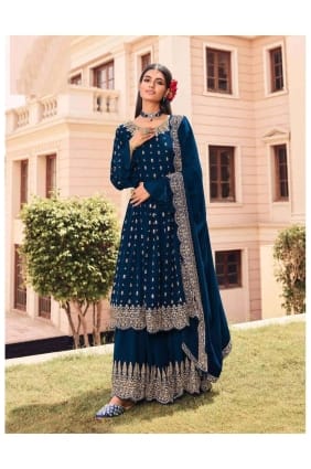 bleu brodé faux georgette eid palazzo costume PZ2664