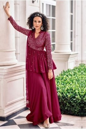 costume eid palazzo en georgette brodée bordeaux et viscose PZ2668