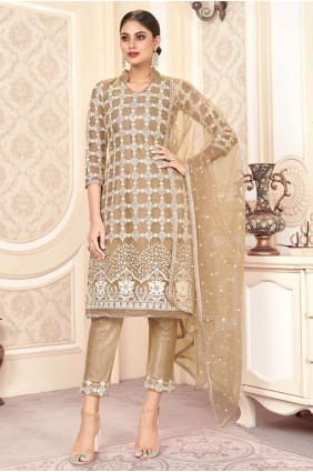 filet brodé salwar kameez en marron avec dupatta SK14369
