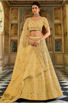 mariage lehenga choli brodé en organza jaune LC4678