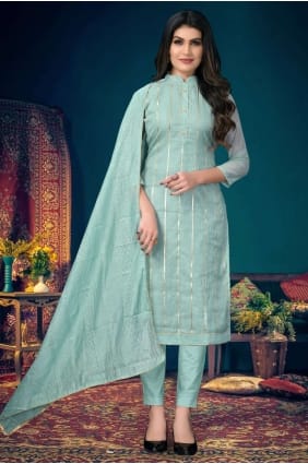 chanderi brodé eid salwar kameez en bleu avec dupatta SK14402