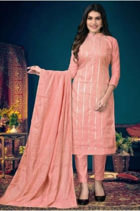chanderi eid salwar kameez brodé en pêche SK14404