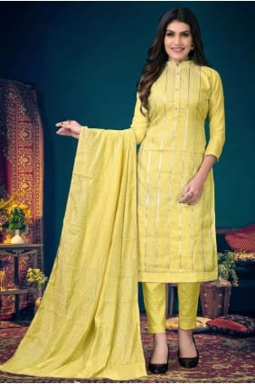 chanderi eid salwar kameez brodé en jaune SK14409