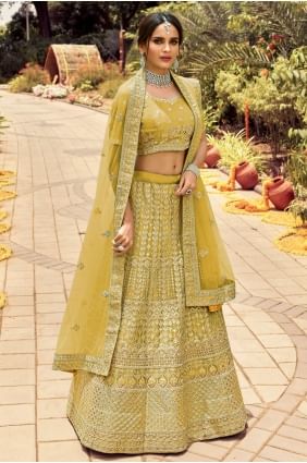 organza brodé fête dorée lehenga choli avec dupatta LC4696
