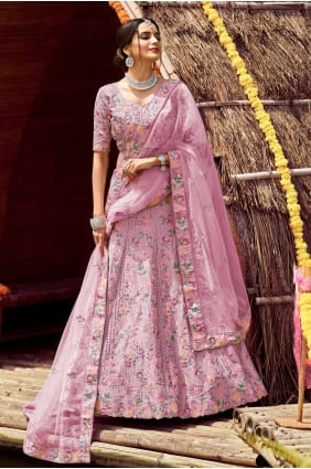 Crêpe, satin et soie Purple Wedding Lehenga Choli en brodé LC4707