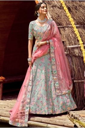 mariage lehenga choli en crêpe pista, satin et soie avec broderie LC4709