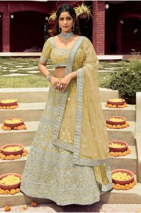 organza ocre brodé mariage lehenga choli avec dupatta LC4715