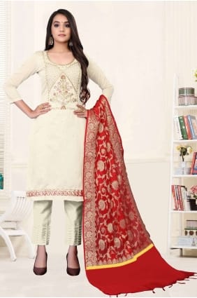 chanderi blanc salwar kameez en brodé SK14446