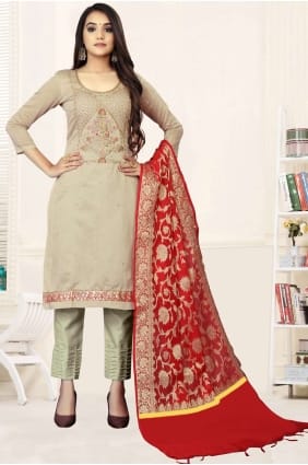 salwar kameez gris avec chanderi brodé SK14447