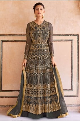 costume anarkali gris filet brodé avec dupatta AS3047