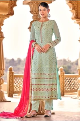 costume bleu brodé eid pakistanais salwar kameez en georgette, viscose et bemberg SK14451