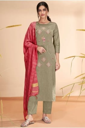 eid salwar kameez en coton kaki avec broderie SK14466