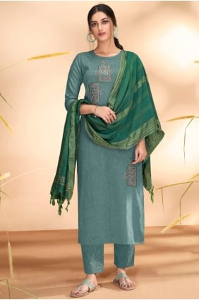 coton brodé aïd salwar kameez en bleu sarcelle avec dupatta SK14467