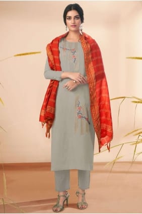 coton brodé aïd salwar kameez en gris avec dupatta SK14468