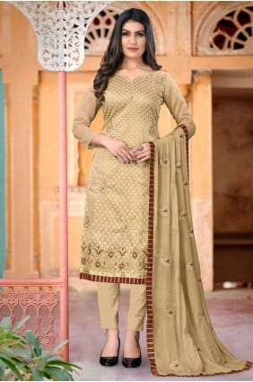 chanderi salwar kameez en beige avec brodé SK14493
