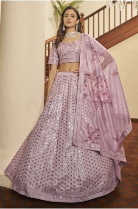 parti imprimé violet lehenga choli en soie d'art LC4915