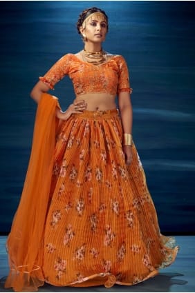 organza party lehenga choli avec impression numérique en orange LC4938