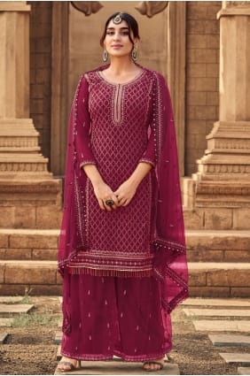 costume eid palazzo en georgette bordeaux avec broderie PZ2754