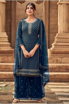 costume eid palazzo bleu sarcelle brodé en georgette PZ2755