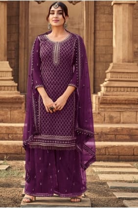costume palazzo eid georgette brodé en vin avec dupatta PZ2756