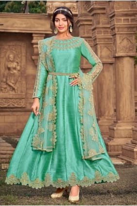 costume eid anarkali en soie vert d'eau avec pierre avec moti AS3095