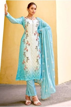 kameez eid salwar bleu avec viscose à impression numérique et mousseline chinon SK14540