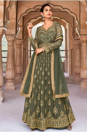 costume anarkali eid olive brodé net avec dupatta AS3049