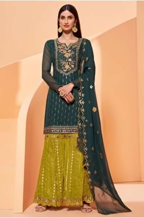 costume brodé georgette eid sharara en vert SS0712