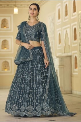 doux filet bleu sarcelle partie lehenga choli en brodé LC5404